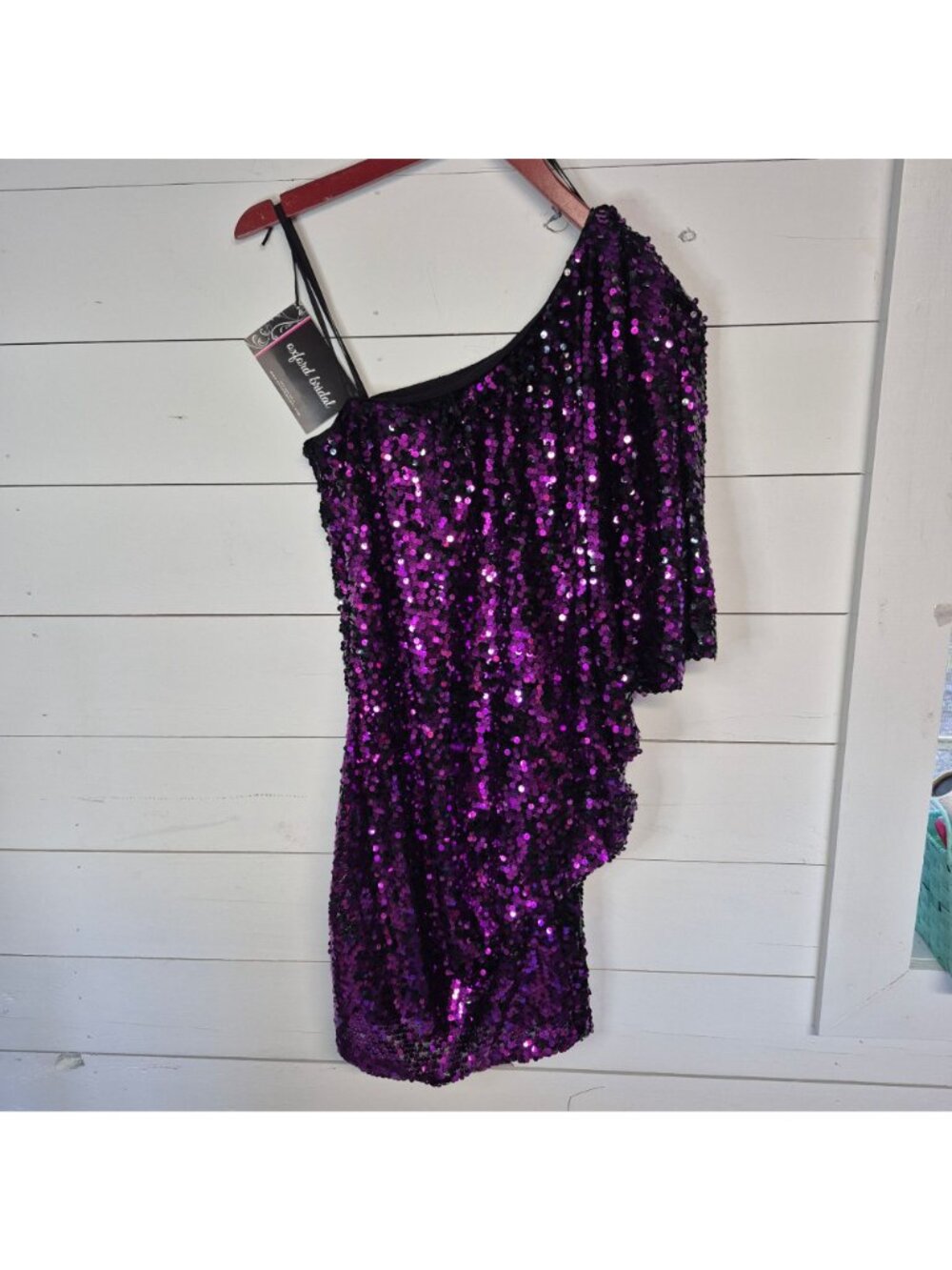 Betsy & Adam One-Shoulder Purple Black Sequin Dress Womens Size 4 Evening Party - Picture 7 of 8
